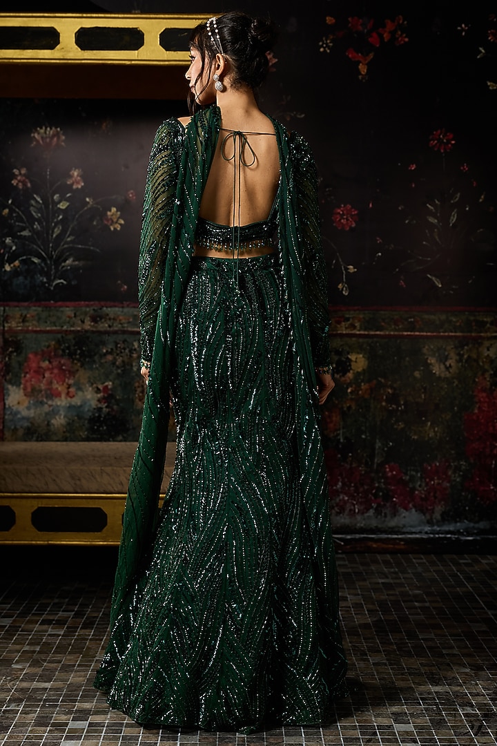 Emerald Green Satin Lycra Embellished Wedding Lehenga Set by DiyaRajvvir at Pernia's Pop Up Shop