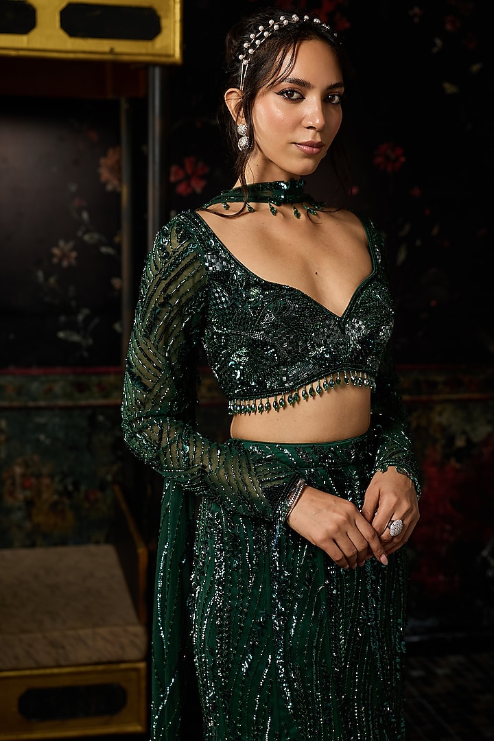 Emerald Green Satin Lycra Embellished Wedding Lehenga Set by DiyaRajvvir at Pernia's Pop Up Shop