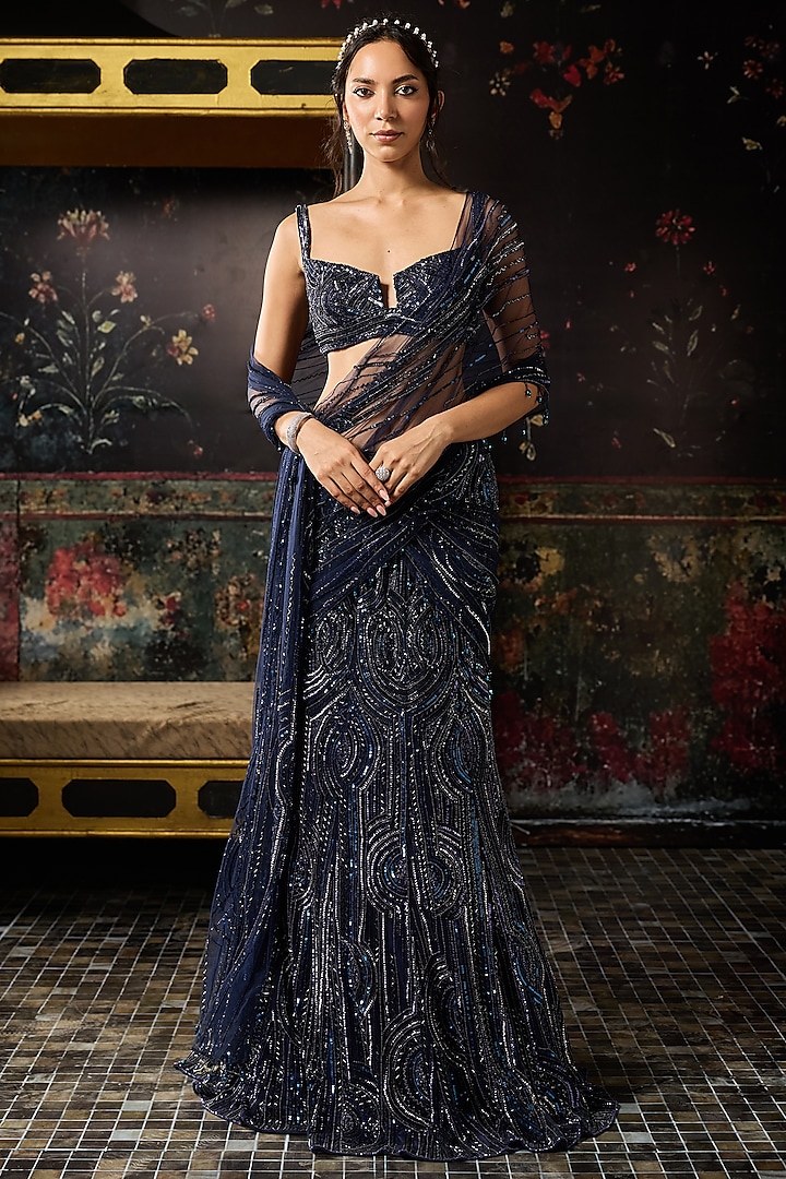 Midnight Blue Satin Lycra Embellished Mermaid Skirt Reception Saree Set by DiyaRajvvir at Pernia's Pop Up Shop
