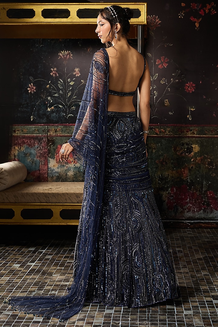 Midnight Blue Satin Lycra Embellished Mermaid Skirt Reception Saree Set by DiyaRajvvir at Pernia's Pop Up Shop