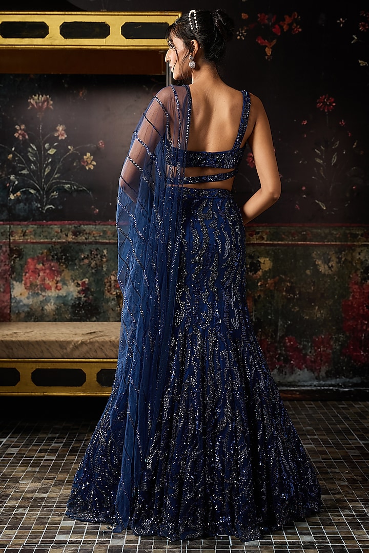 Dark Blue Satin Lycra Embellished Mermaid Wedding Lehenga Set by DiyaRajvvir at Pernia's Pop Up Shop