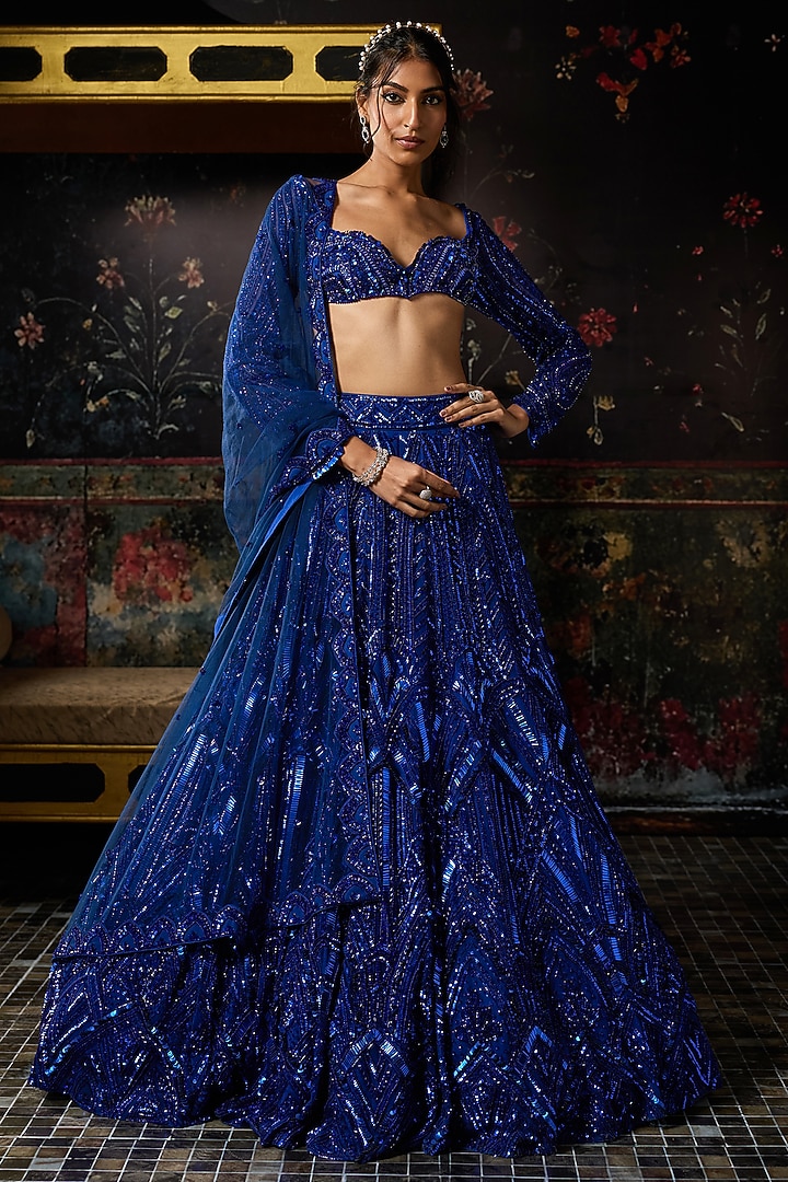 Electric Blue Crepe 3D Embellished Bridal Lehenga Set by DiyaRajvvir at Pernia's Pop Up Shop