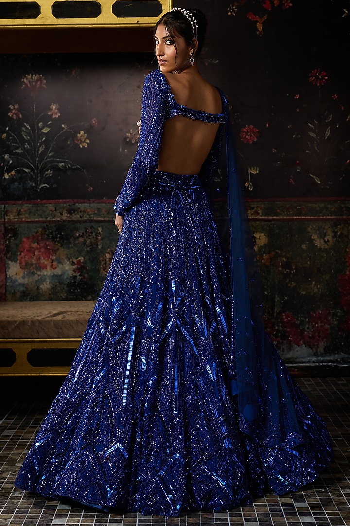 Electric Blue Crepe 3D Embellished Bridal Lehenga Set by DiyaRajvvir at Pernia's Pop Up Shop