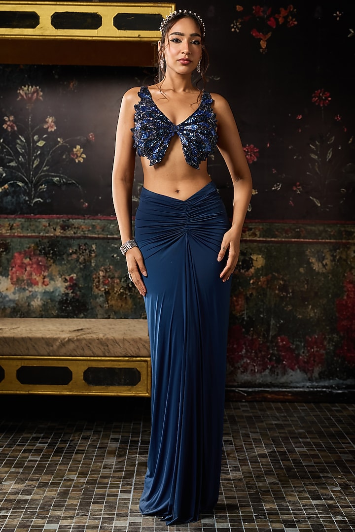 Teal Blue Lycra Dhoti Skirt Set by DiyaRajvvir at Pernia's Pop Up Shop