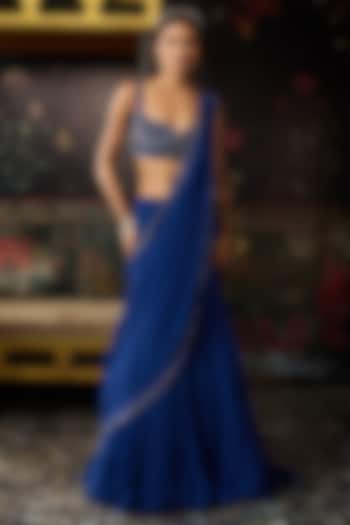 Electric Blue Satin Lycra Embellished Mermaid Skirt Wedding Saree Set by DiyaRajvvir at Pernia's Pop Up Shop