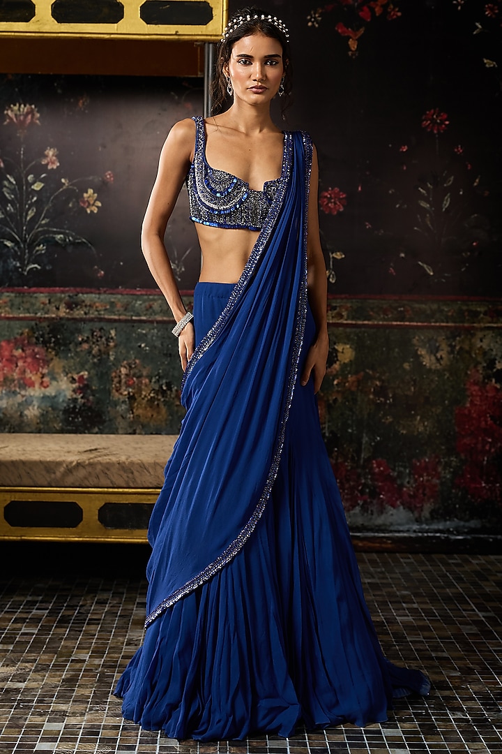 Electric Blue Satin Lycra Embellished Mermaid Skirt Wedding Saree Set by DiyaRajvvir at Pernia's Pop Up Shop