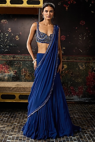 Electric Blue Satin Lycra Embellished Mermaid Skirt Saree Set by DiyaRajvvir