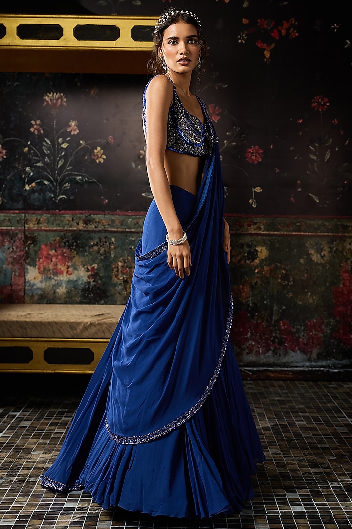 Electric Blue Satin Lycra Embellished Mermaid Skirt Wedding Saree Set by DiyaRajvvir at Pernia's Pop Up Shop