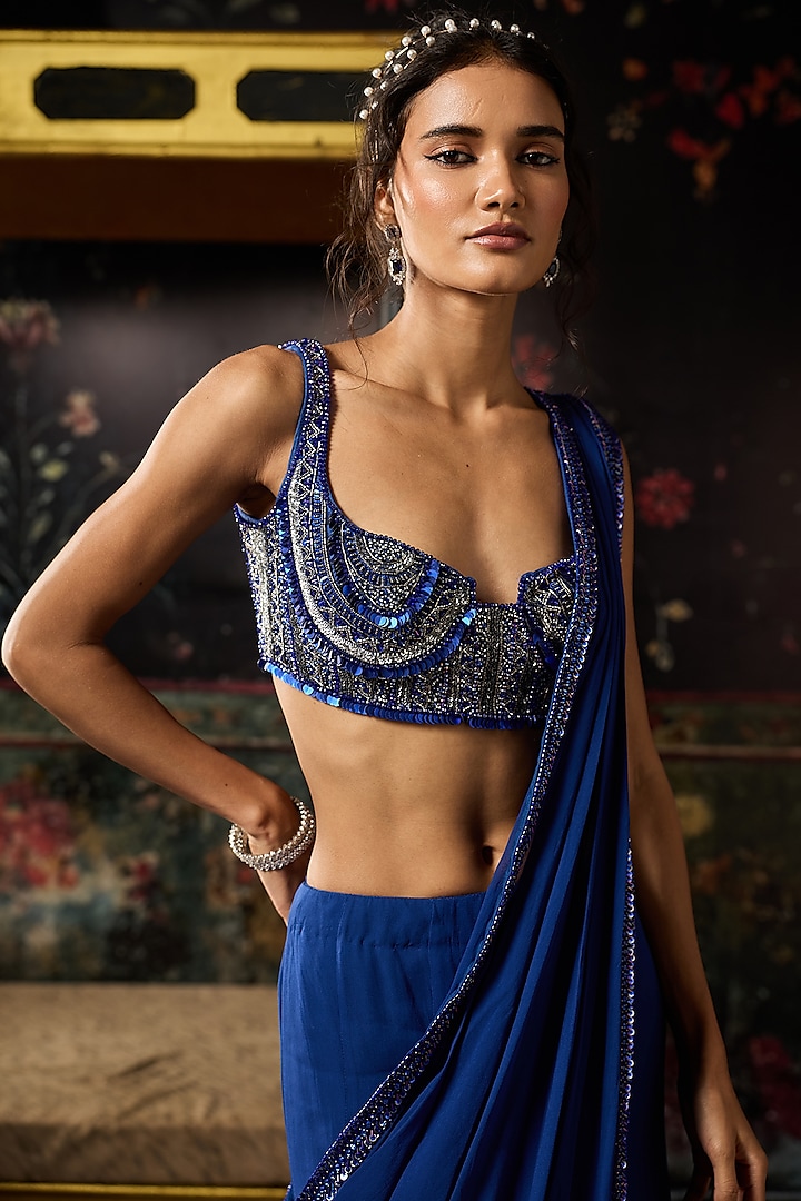 Electric Blue Satin Lycra Embellished Mermaid Skirt Wedding Saree Set by DiyaRajvvir at Pernia's Pop Up Shop