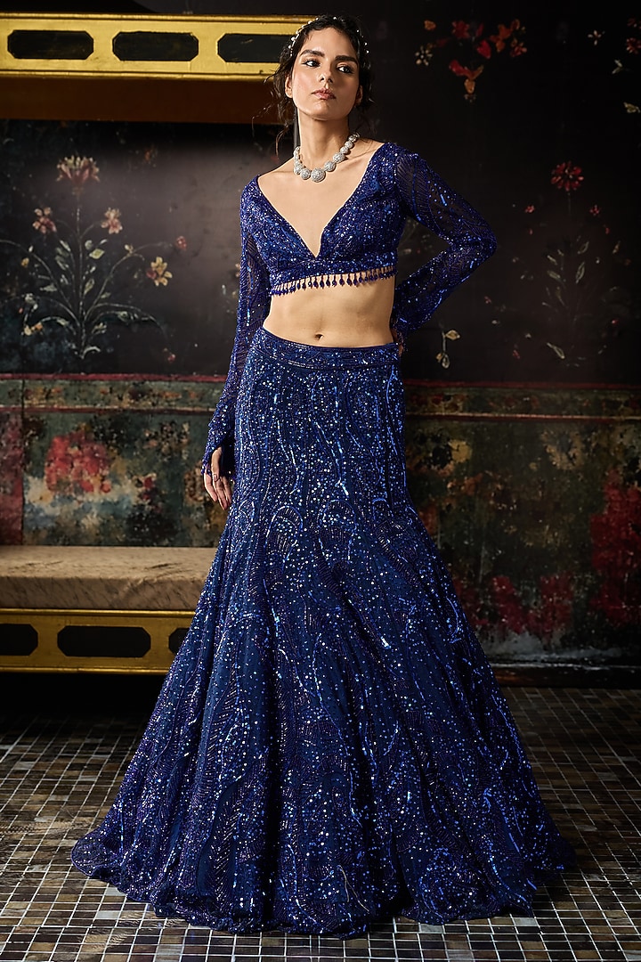 Electric Blue Satin Lycra Embellished Mermaid Bridal Lehenga Set by DiyaRajvvir at Pernia's Pop Up Shop