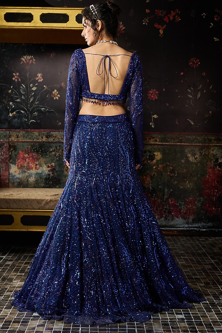 Electric Blue Satin Lycra Embellished Mermaid Bridal Lehenga Set by DiyaRajvvir at Pernia's Pop Up Shop