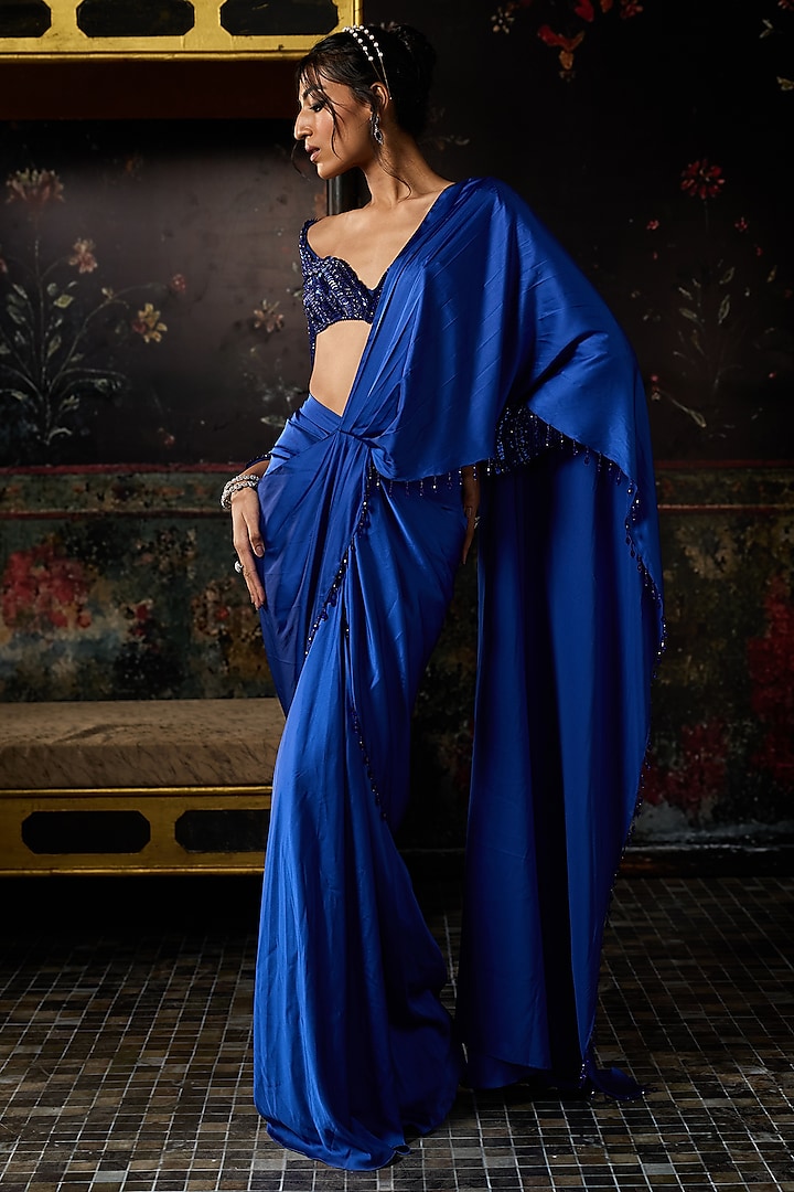 Electric Blue Satin Lycra Dhoti Skirt Wedding Saree Set by DiyaRajvvir at Pernia's Pop Up Shop