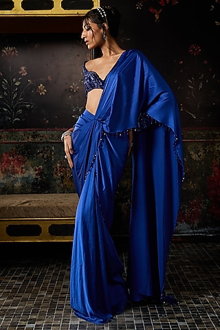 Electric Blue Satin Lycra Dhoti Skirt Saree Set by DiyaRajvvir