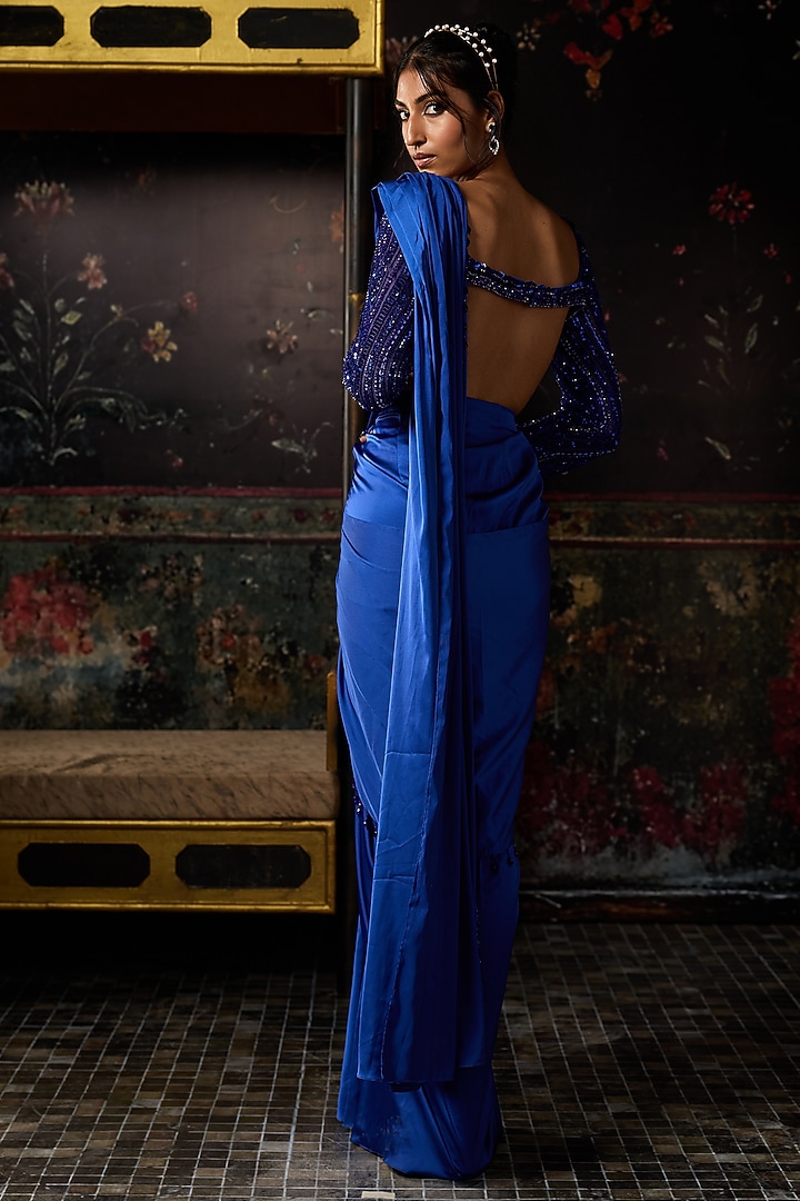 Electric Blue Satin Lycra Dhoti Skirt Wedding Saree Set by DiyaRajvvir at Pernia's Pop Up Shop