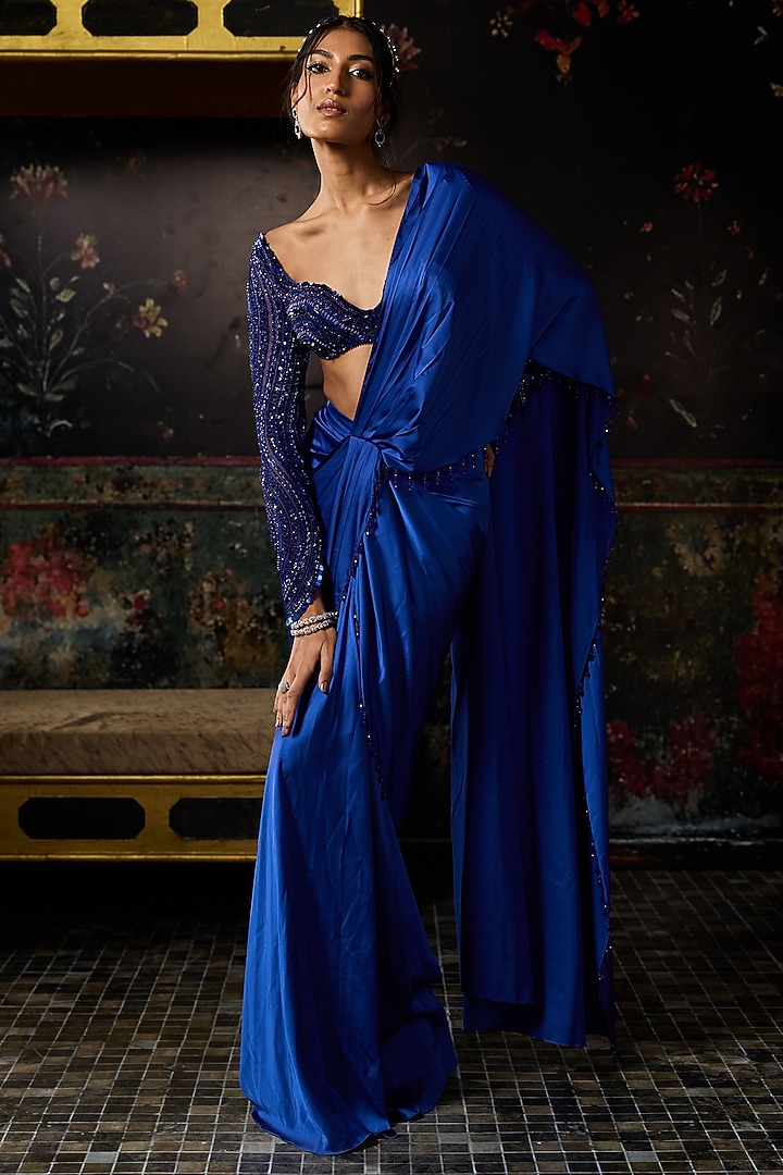 Electric Blue Satin Lycra Dhoti Skirt Wedding Saree Set by DiyaRajvvir at Pernia's Pop Up Shop
