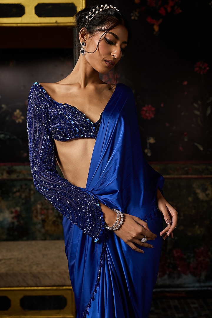 Electric Blue Satin Lycra Dhoti Skirt Wedding Saree Set by DiyaRajvvir at Pernia's Pop Up Shop