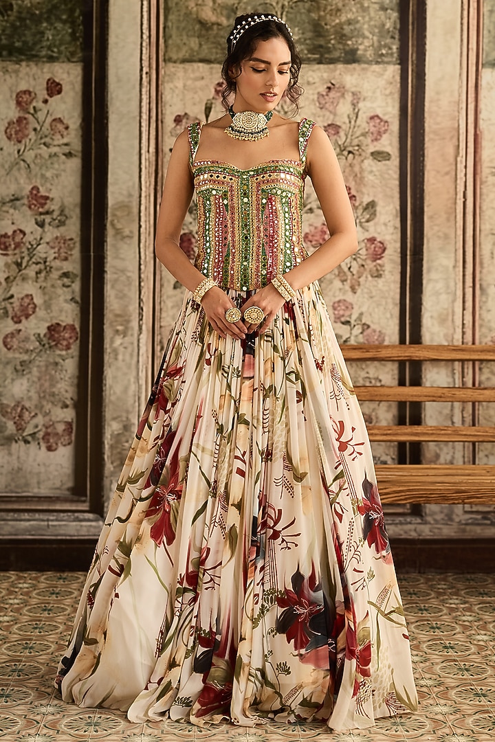 Ivory Crepe & Georgette Floral Printed Wedding Lehenga Set by DiyaRajvvir at Pernia's Pop Up Shop