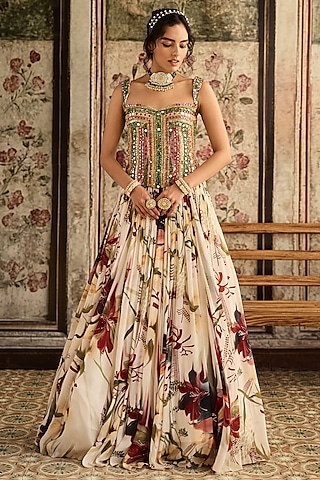 Ivory Crepe & Georgette Floral Printed Lehenga Set by DiyaRajvvir