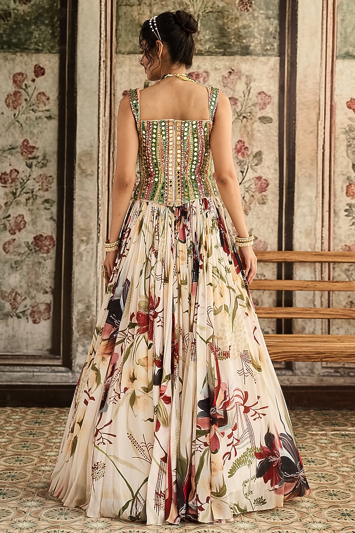 Ivory Crepe & Georgette Floral Printed Wedding Lehenga Set by DiyaRajvvir at Pernia's Pop Up Shop