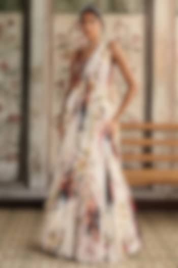 Ivory Georgette Floral Printed Mermaid Wedding Saree Set by DiyaRajvvir at Pernia's Pop Up Shop