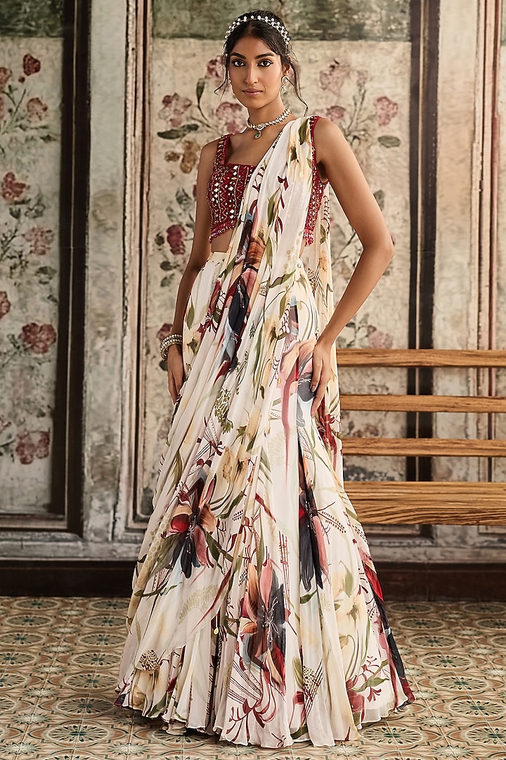 Ivory Georgette Floral Printed Mermaid Wedding Saree Set by DiyaRajvvir at Pernia's Pop Up Shop