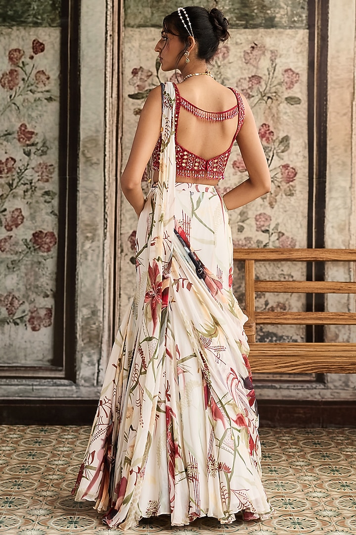 Ivory Georgette Floral Printed Mermaid Wedding Saree Set by DiyaRajvvir at Pernia's Pop Up Shop