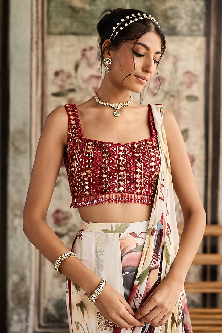 Ivory Georgette Floral Printed Mermaid Wedding Saree Set by DiyaRajvvir at Pernia's Pop Up Shop