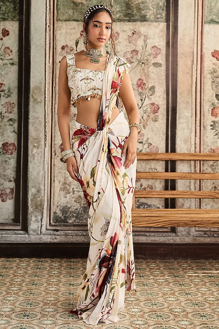 Ivory Georgette Floral & leaf Printed Skirt Wedding Saree Set by DiyaRajvvir at Pernia's Pop Up Shop