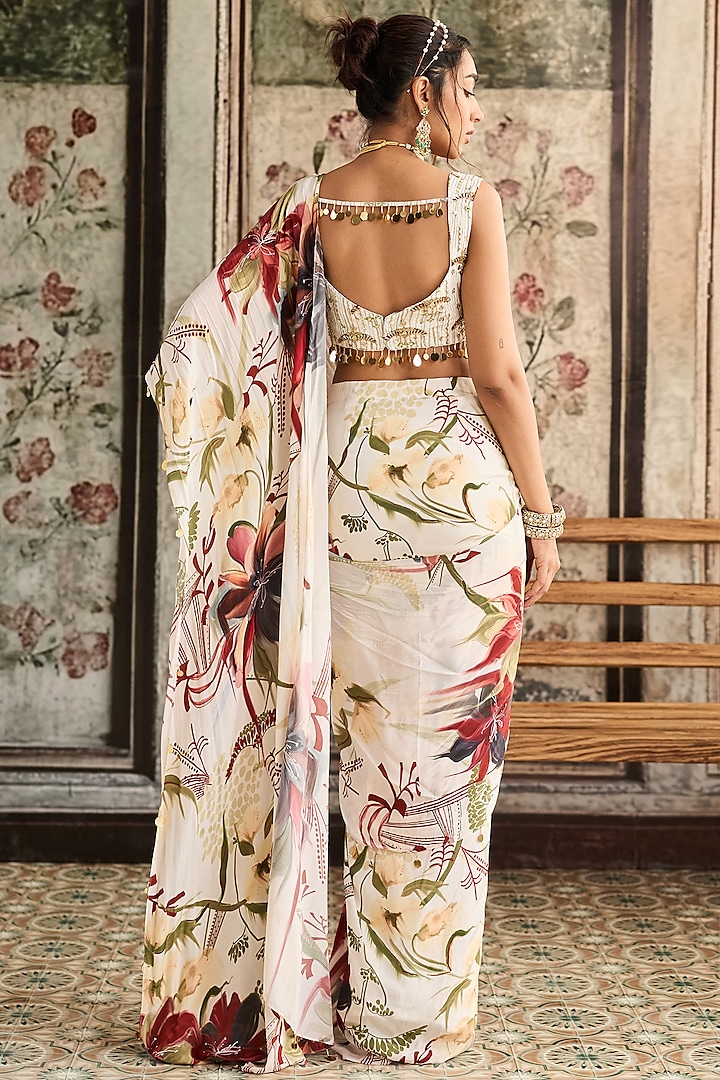 Ivory Georgette Floral & leaf Printed Skirt Wedding Saree Set by DiyaRajvvir at Pernia's Pop Up Shop