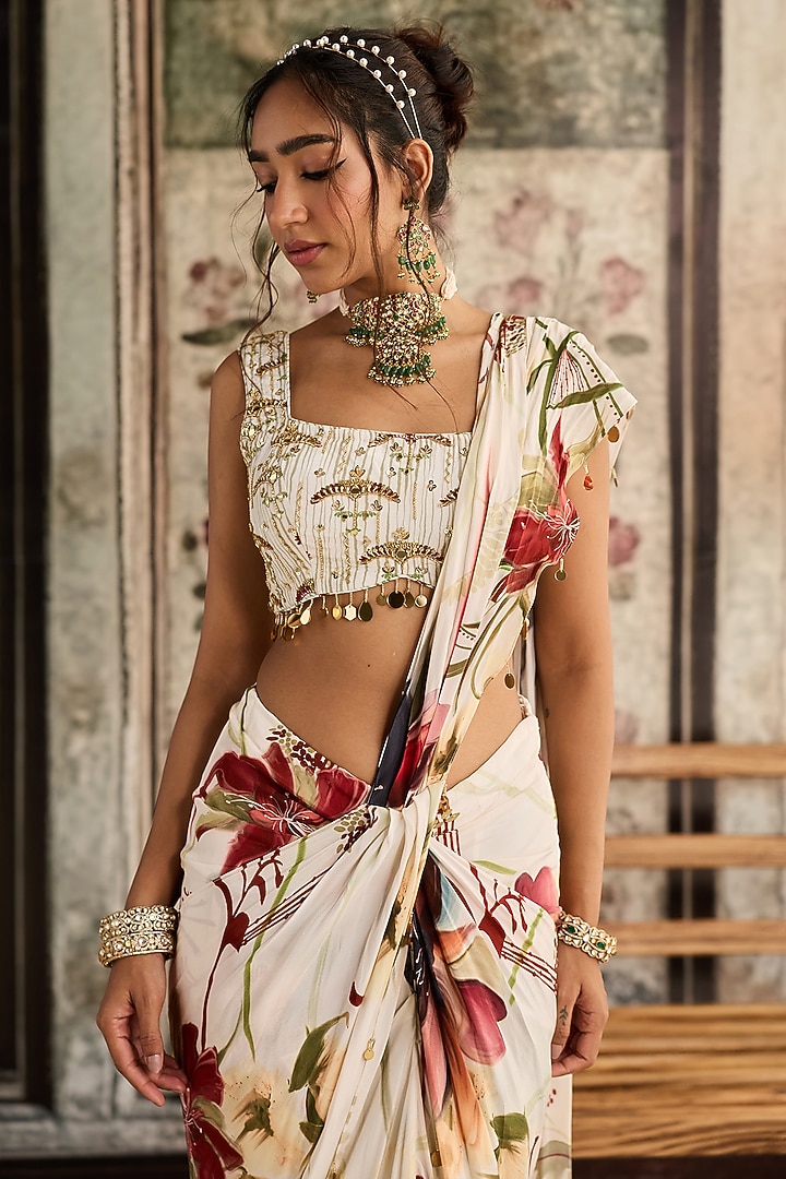 Ivory Georgette Floral & leaf Printed Skirt Wedding Saree Set by DiyaRajvvir at Pernia's Pop Up Shop
