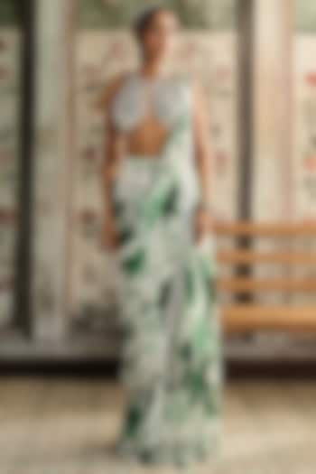 Ivory & Green Crepe & Georgette Floral Printed Tiered Wedding Saree Set by DiyaRajvvir at Pernia's Pop Up Shop