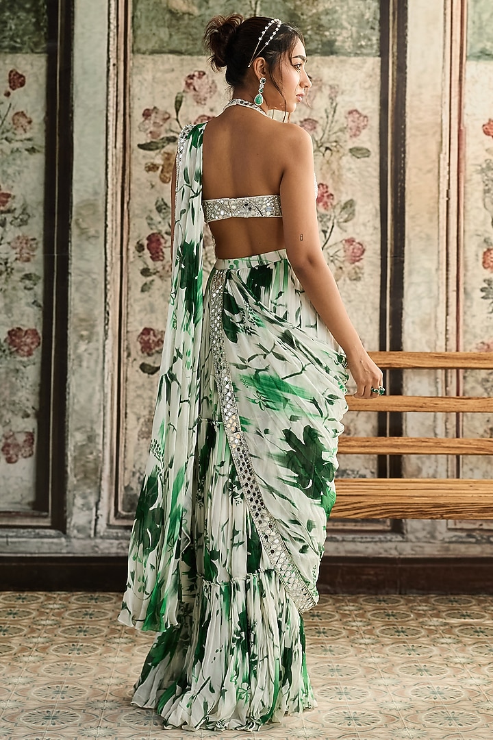 Ivory & Green Crepe & Georgette Floral Printed Tiered Wedding Saree Set by DiyaRajvvir at Pernia's Pop Up Shop