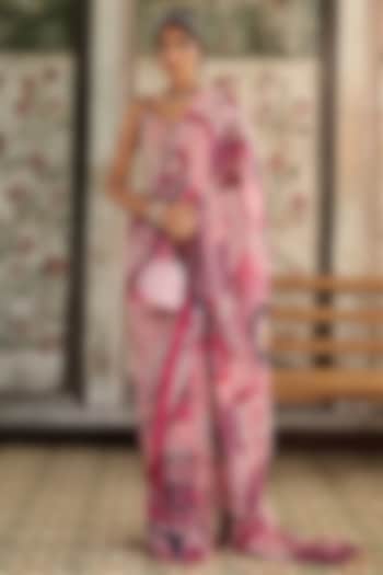 Fuchsia Crepe & Georgette Abstract Jaal Printed Pre-Draped Wedding Saree Set by DiyaRajvvir at Pernia's Pop Up Shop