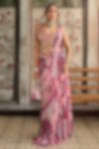 Fuchsia Crepe & Georgette Abstract Jaal Printed Tiered Wedding Saree Set by DiyaRajvvir at Pernia's Pop Up Shop