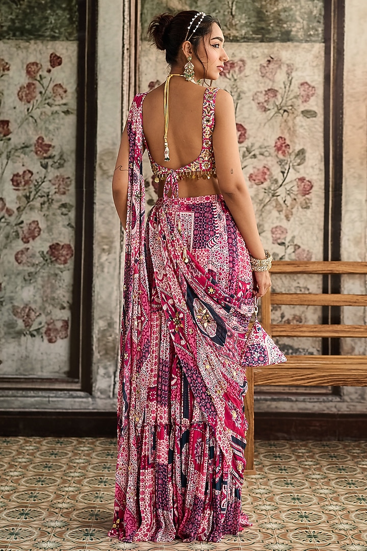 Fuchsia Crepe & Georgette Abstract Jaal Printed Tiered Wedding Saree Set by DiyaRajvvir at Pernia's Pop Up Shop