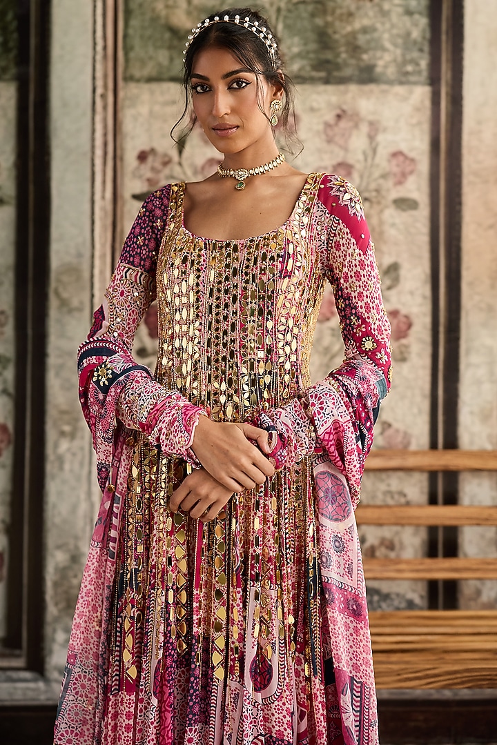 Fuchsia Georgette Abstract Printed Wedding Anarkali Set by DiyaRajvvir at Pernia's Pop Up Shop