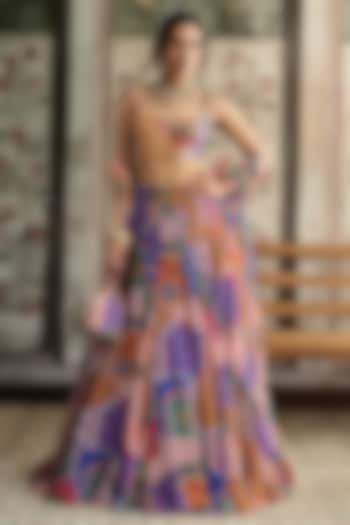 Multi-Colored Crepe Abstract Jaal Printed Wedding Lehenga Set by DiyaRajvvir at Pernia's Pop Up Shop
