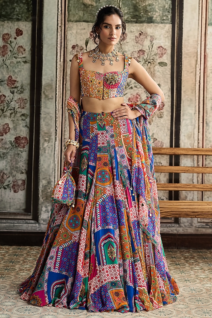 Multi-Colored Crepe Abstract Jaal Printed Wedding Lehenga Set by DiyaRajvvir at Pernia's Pop Up Shop
