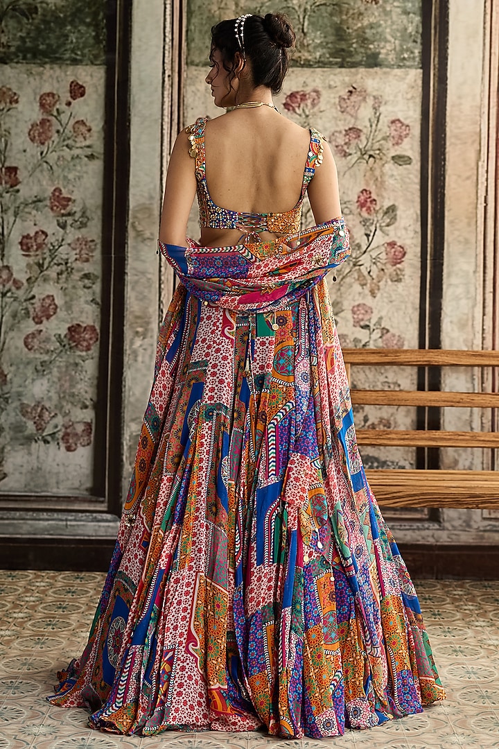 Multi-Colored Crepe Abstract Jaal Printed Wedding Lehenga Set by DiyaRajvvir at Pernia's Pop Up Shop