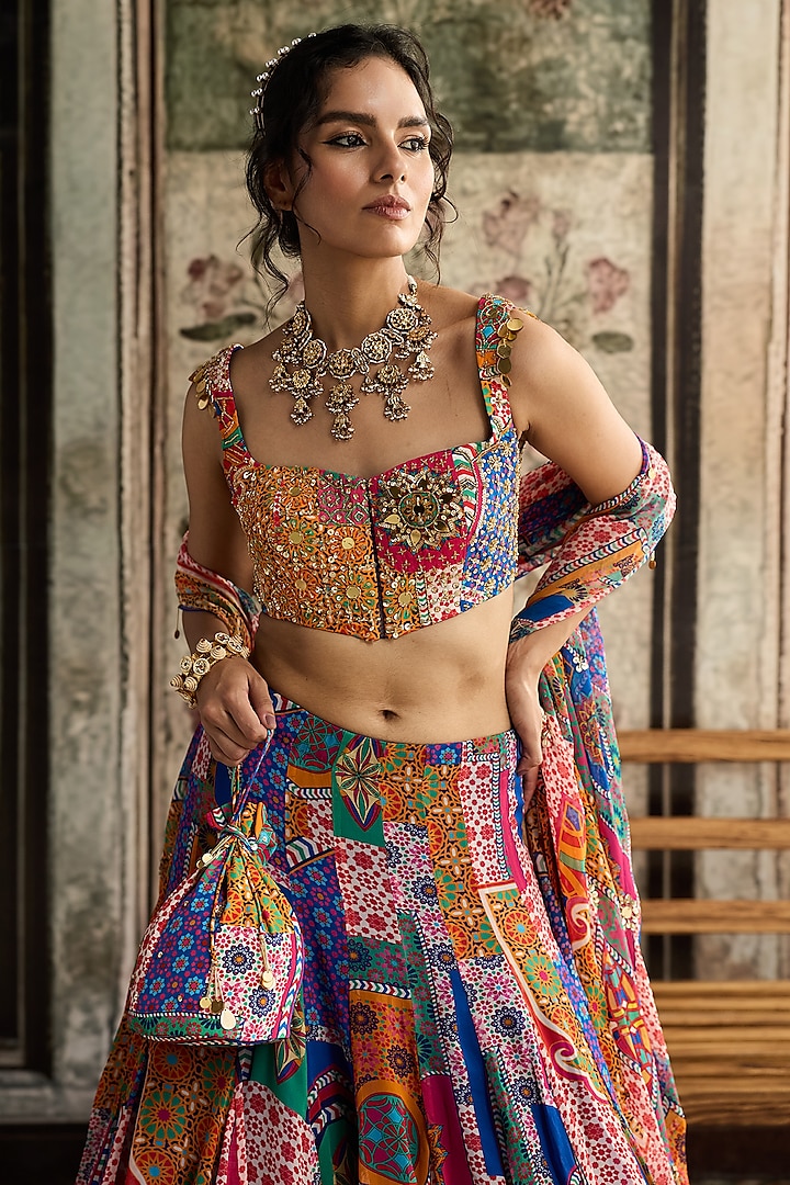 Multi-Colored Crepe Abstract Jaal Printed Wedding Lehenga Set by DiyaRajvvir at Pernia's Pop Up Shop