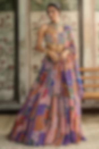 Multi-Colored Crepe Abstract Jaal Printed Wedding Lehenga Set by DiyaRajvvir at Pernia's Pop Up Shop
