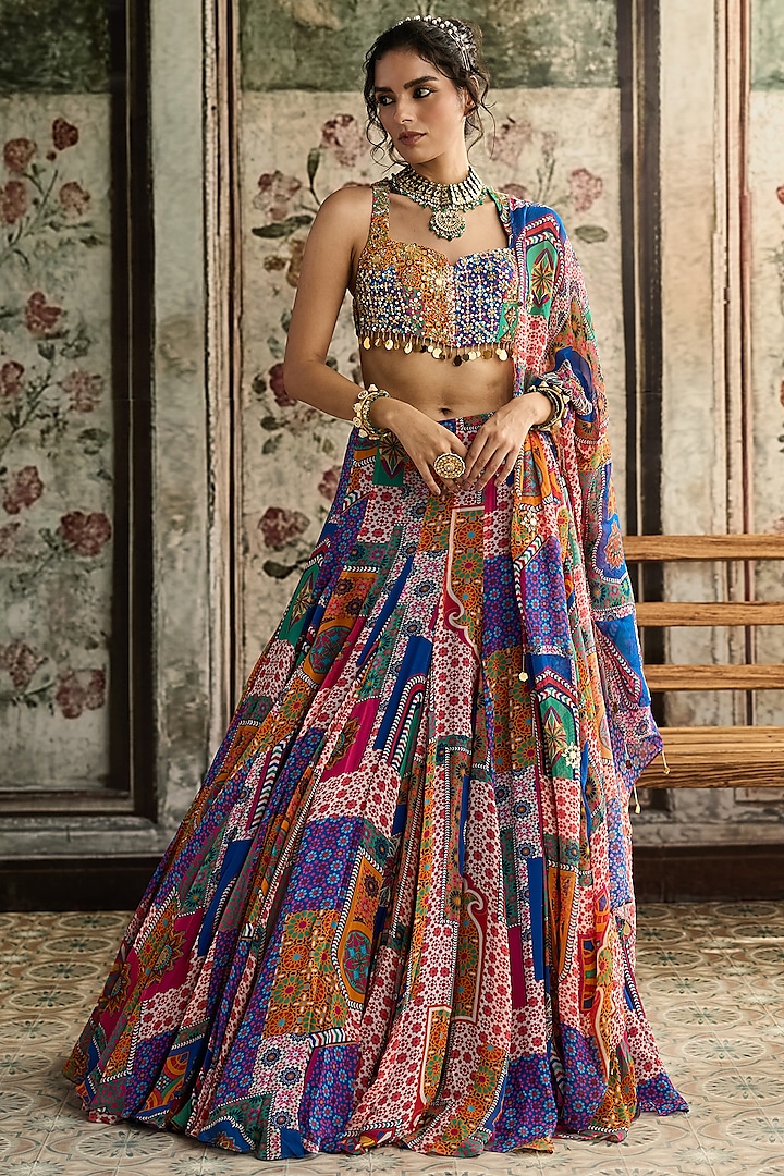 Multi-Colored Crepe Abstract Jaal Printed Wedding Lehenga Set by DiyaRajvvir at Pernia's Pop Up Shop