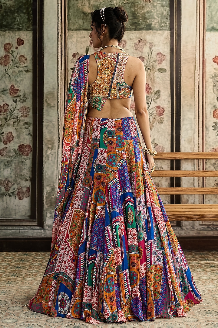 Multi-Colored Crepe Abstract Jaal Printed Wedding Lehenga Set by DiyaRajvvir at Pernia's Pop Up Shop
