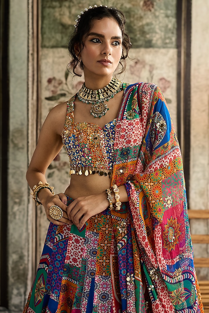 Multi-Colored Crepe Abstract Jaal Printed Wedding Lehenga Set by DiyaRajvvir at Pernia's Pop Up Shop
