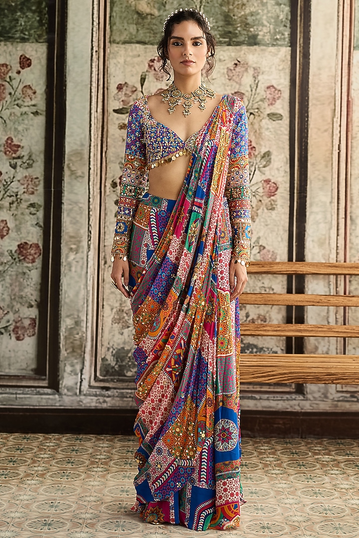 Multi-Colored Crepe Abstract Jaal Printed Sharara Wedding Saree Set by DiyaRajvvir at Pernia's Pop Up Shop