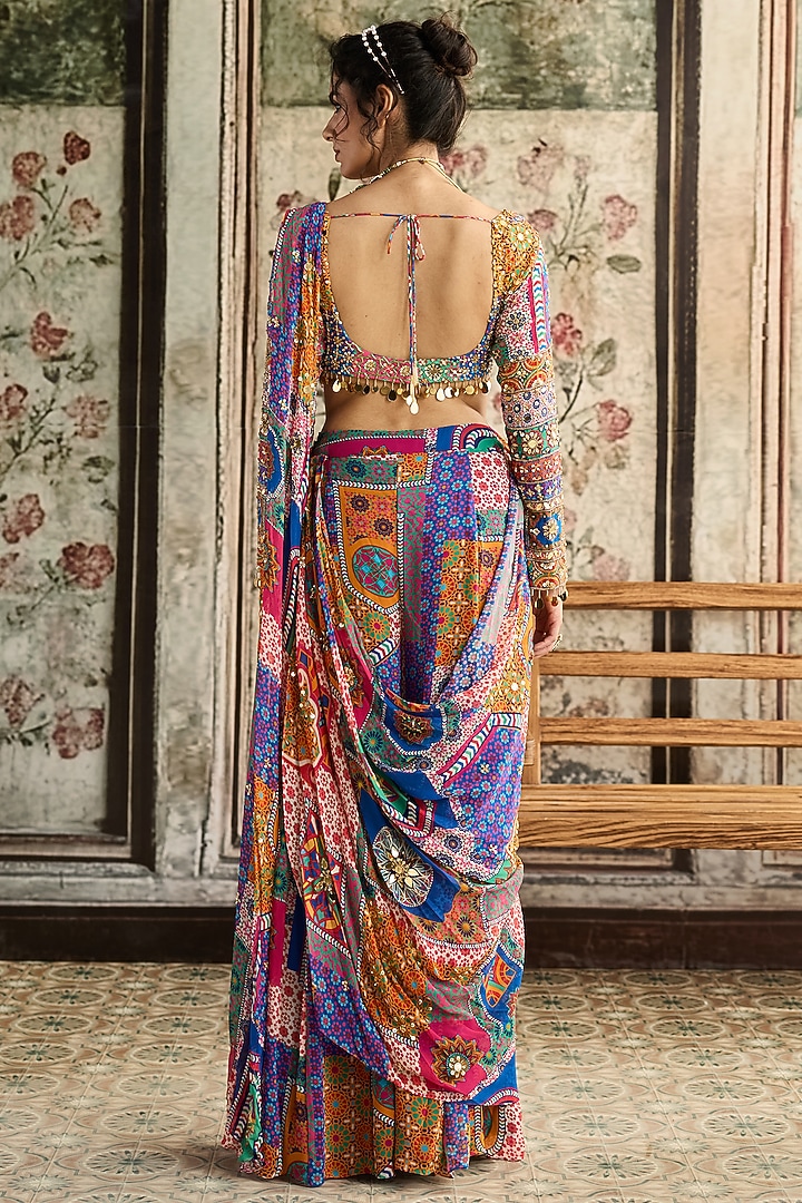 Multi-Colored Crepe Abstract Jaal Printed Sharara Wedding Saree Set by DiyaRajvvir at Pernia's Pop Up Shop