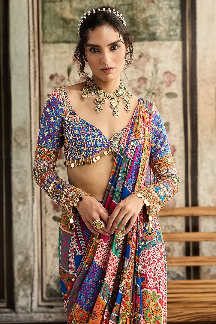 Multi-Colored Crepe Abstract Jaal Printed Sharara Wedding Saree Set by DiyaRajvvir at Pernia's Pop Up Shop