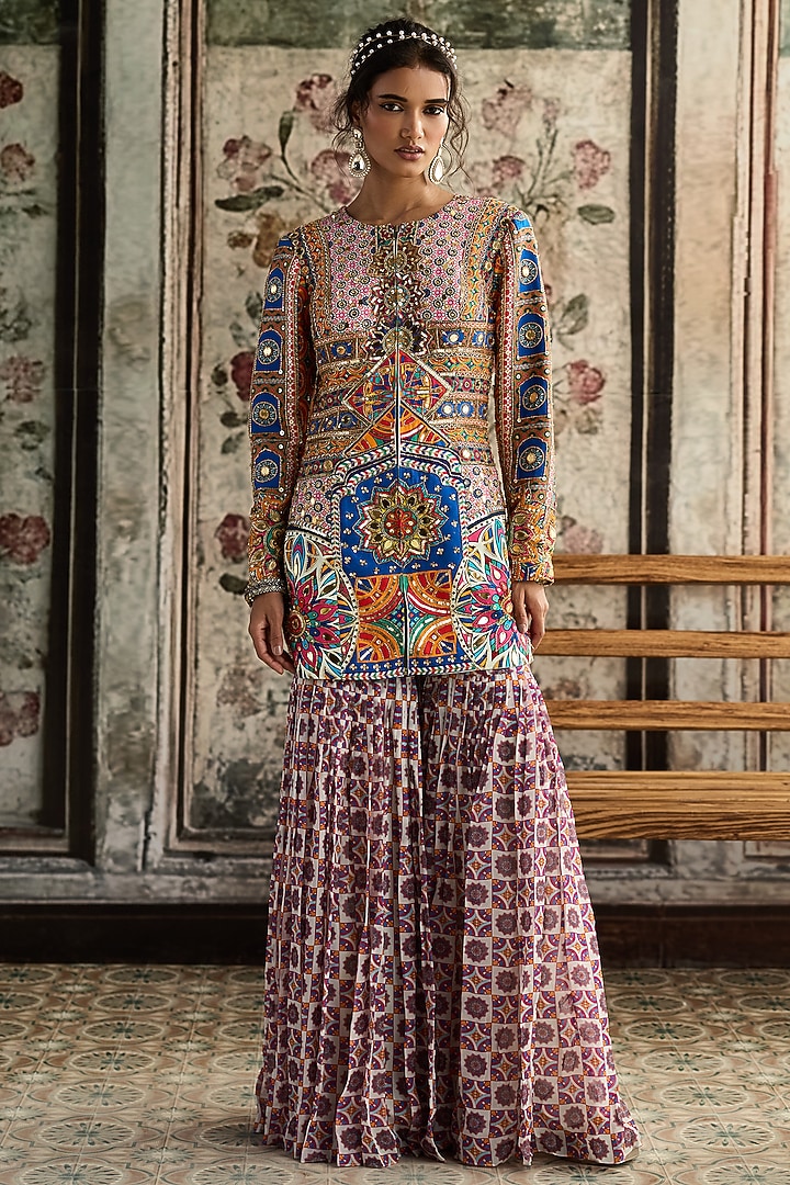 Multi-Colored Crepe Abstract Printed Gharara Set by DiyaRajvvir at Pernia's Pop Up Shop