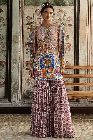 Multi-Colored Crepe Abstract Printed Gharara Set by DiyaRajvvir