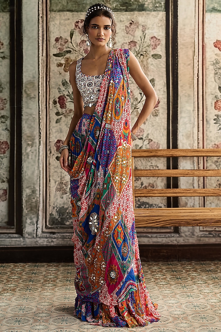 Multi-Colored Crepe Jaal Printed Tiered Skirt Wedding Saree Set by DiyaRajvvir at Pernia's Pop Up Shop